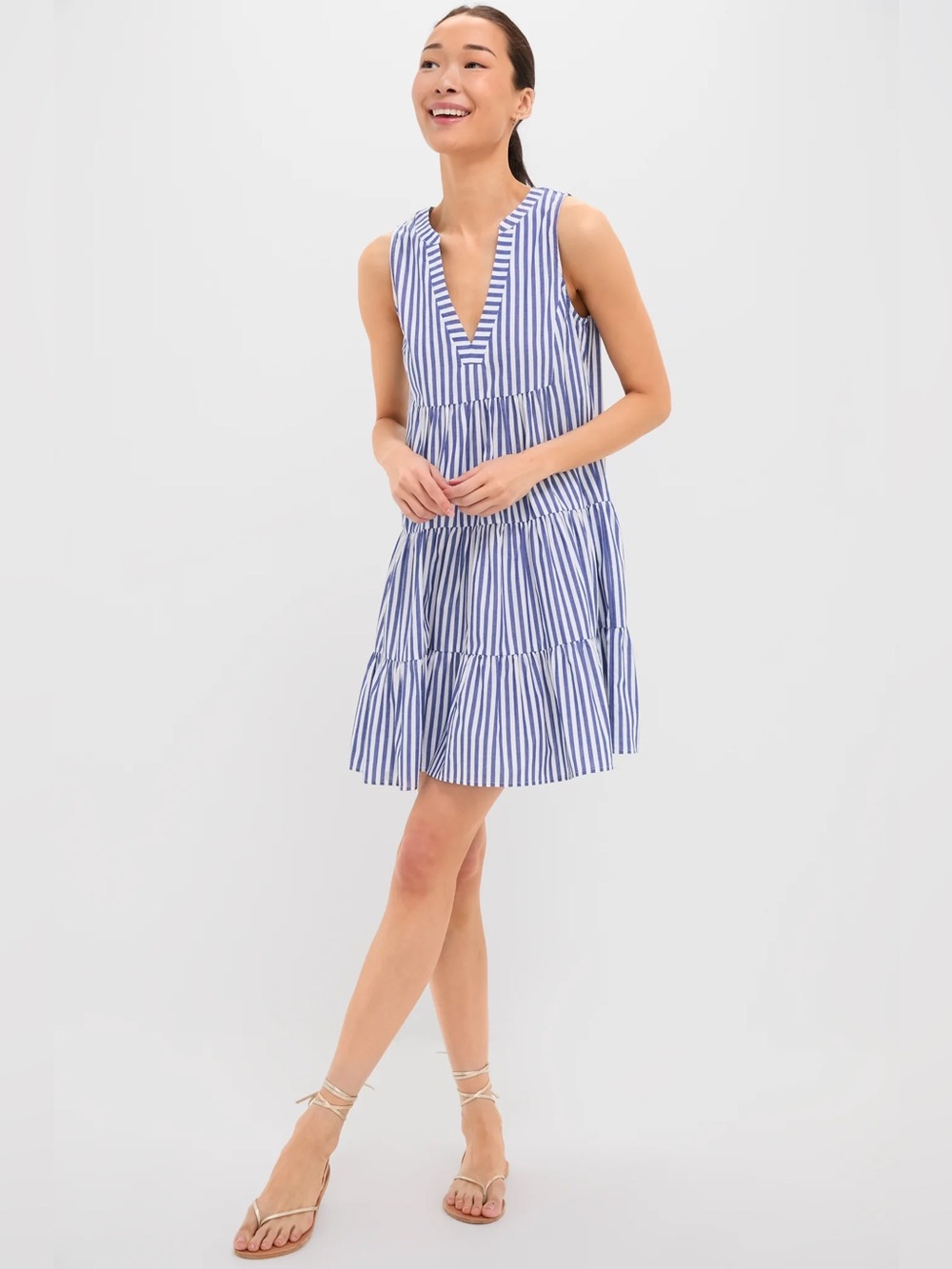 Pomander Place Blue and White Stripe Sleeveless Cotton Poplin Dress